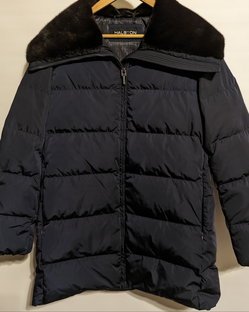HALSTON Woman's Faux Fur Collar Longline Puffer Jacket, Size M NWOT